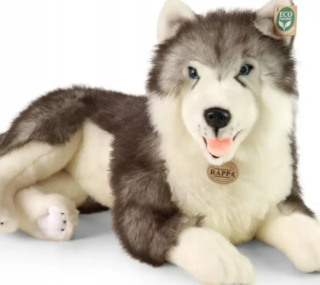 Pluszowe pieski jak żywe, ten husky z niebieskimi oczami i puszystym futrem wygląda jak prawdziwy przyjaciel.